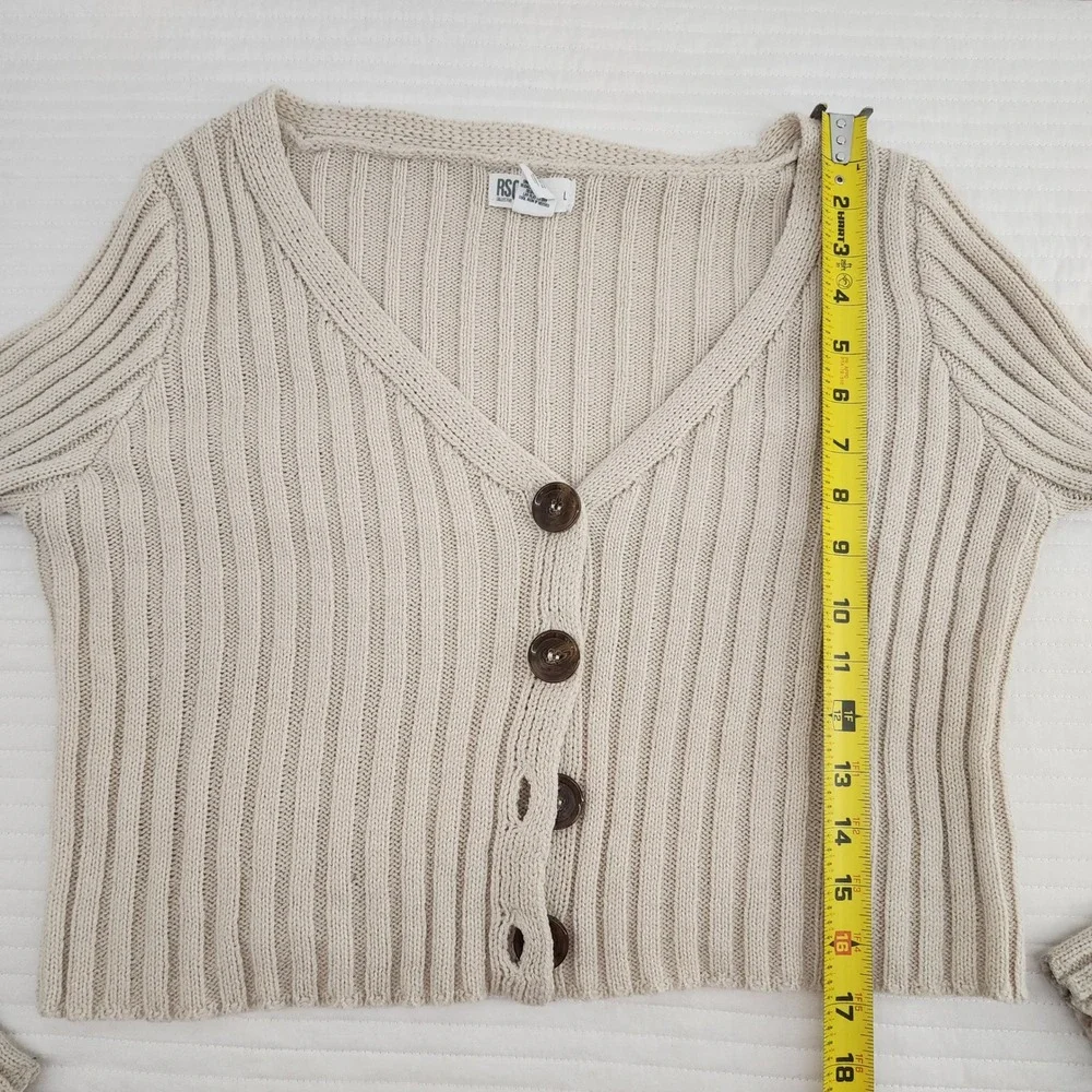 RSQ Collective Knit Cardigan Sweater‎ Women's L Brown Buttons Ribbed Beige Top